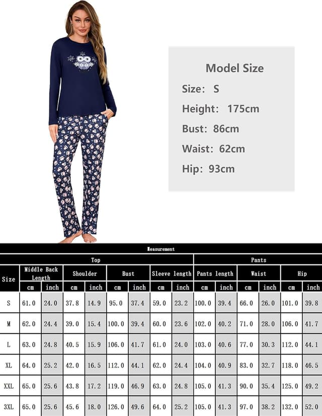 Detalle 2 de Demegimi Damen-Schlafanzug Lang Pyjama aus Baumwolle Winter mit Rundhalsausschnitt und Schneeflocken-Design