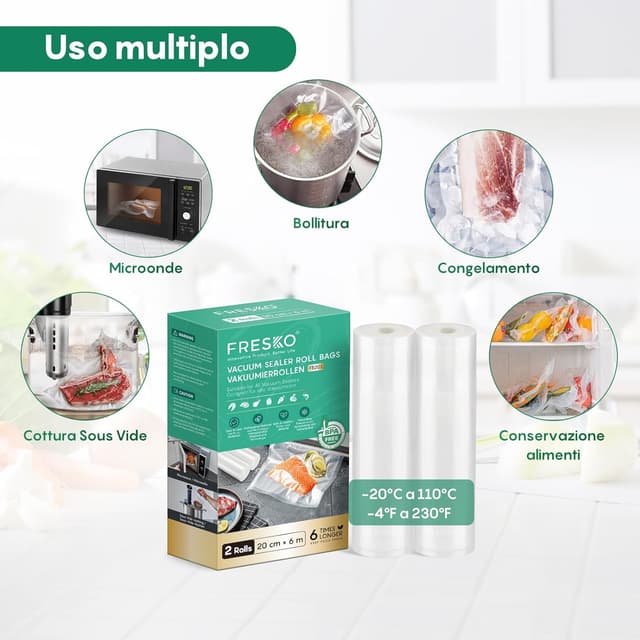 Detalle 2 de FRESKO Sacchetti sottovuoto alimenti 2 rotoli 20 x 600 cm: ritagliabili, senza BPA