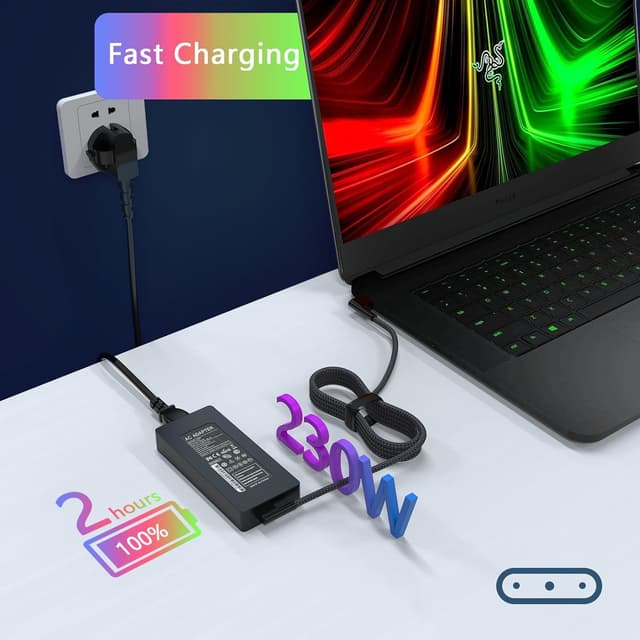 Detalle 2 de Chargeur 230W pour Razer Blade 14/15/17 (adaptateur CA, DC 19,5V) — compatibilité RZ09-0530x, 0508x, 0482x et plus