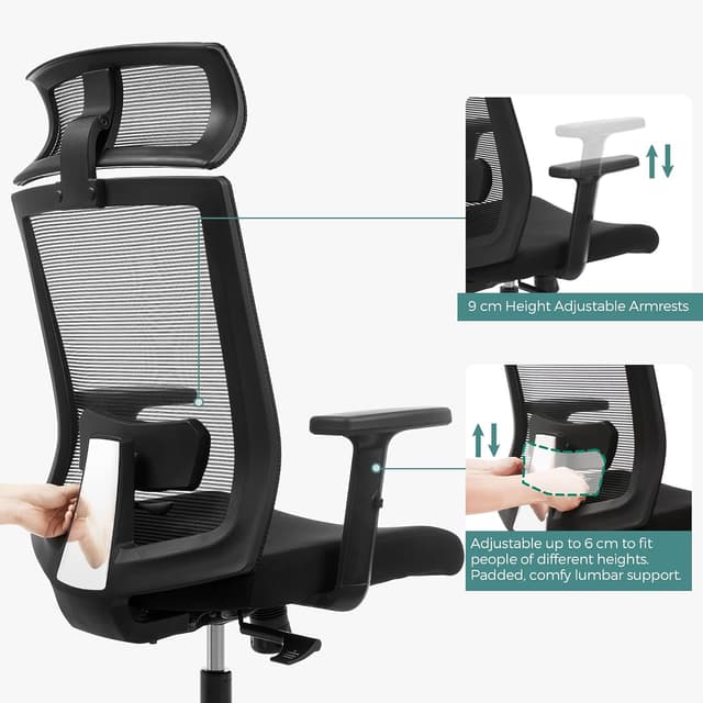 Thumbnail 4 de SONGMICS Bürostuhl OBN55BK mit Netzbespannung, verstellbarer Lendenstütze, Kopfstütze und Armlehnen