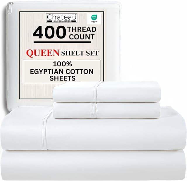 Detalle de CHATEAU HOME COLLECTION Egyptian Cotton Queen Sheet Set (400-Thread-Count) Deep Pocket – Soft Cooling Sateen, White
