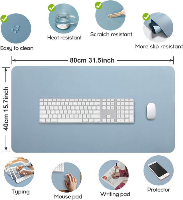 Detalle de DOBAOJIA große Mausmatte / Schreibtischunterlage XL (80 x 40 cm) aus PU Leder, wasserdicht & rutschfest – Graublau