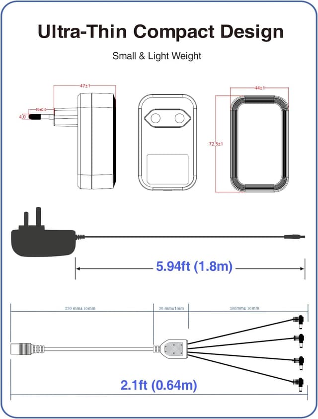 Detalle de VOLTKARE 12V 2A Netzteil-Adapter mit 1-zu-4 90°-DC-Splitter für CCTV/LED (EU-Stecker)