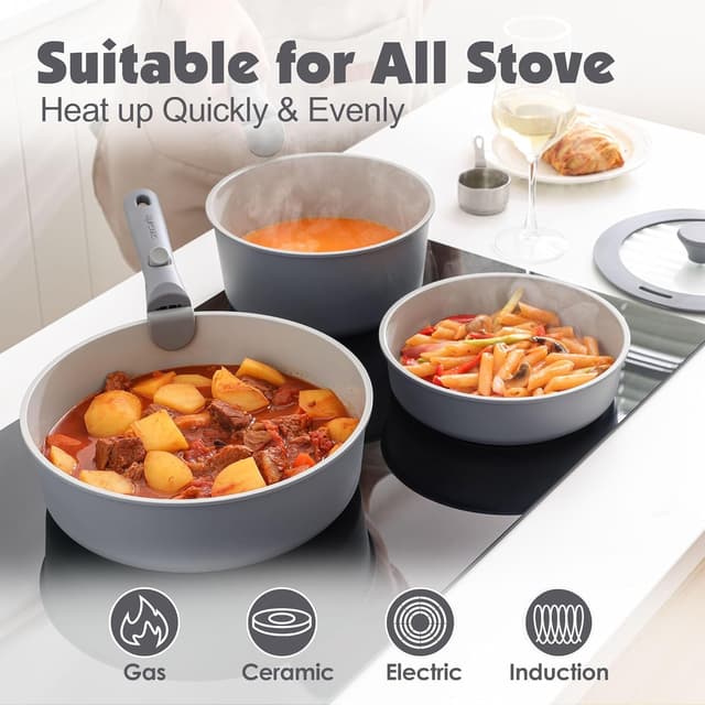 Detalle de SENSARTE Keramik Topfsets Pfannenset 17-teiliges Antihaft-Kochgeschirr mit abnehmbaren Griffen (Grau)