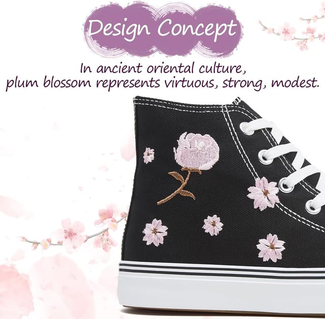 Detalle de kufeiti Women’s High Top Canvas Sneakers (Lace-Up) in White/Black with Floral Embroidery