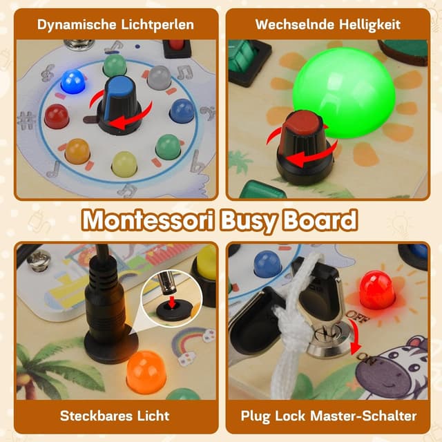 Detalle de MILFECH Montessori Busy Board aus Massivholz – Aktivitätsbrett mit 10 Schaltern und 17 LEDs