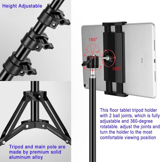 Detalle 2 de SAMHOUSING iPad Tripod Stand (Adjustable Height Up to 65 in) with 360° Rotating Mount and Bluetooth Remote