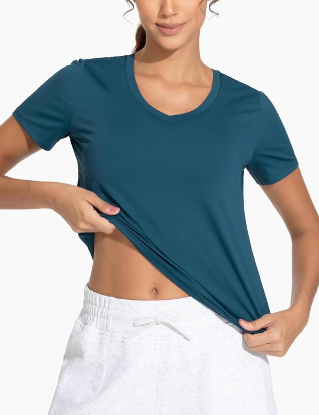 Detalle de THE GYM PEOPLE camicie da allenamento da donna con scollo a V e maniche corte traspiranti