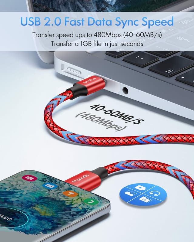 Detalle de etguuds USB‑C auf USB‑C Kabel 1 m (Rot), 2er‑Pack, bis 60 W / 3 A mit E‑Mark