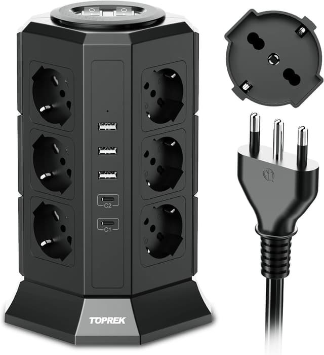 Detalle de TOPREK Ciabatta Multipresa Verticale con 12 prese ITA 10/16A, Schuko e 5 porte USB (2 USB-C 20W PD + 3 USB-A) con cavo 2 m