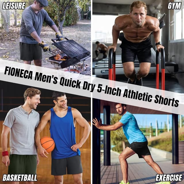 Detalle de FIONECA 3-Pack Men’s Athletic Running Shorts (5 Inch) with Quick-Dry Fabric & Zip Pockets