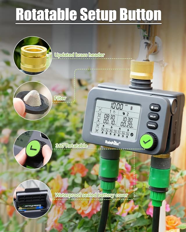 Detalle 2 de RAINPOINT Centralina irrigazione con 2 uscite, timer con ritardo pioggia, IP54 e LCD grande (ingresso/uscita in ottone)