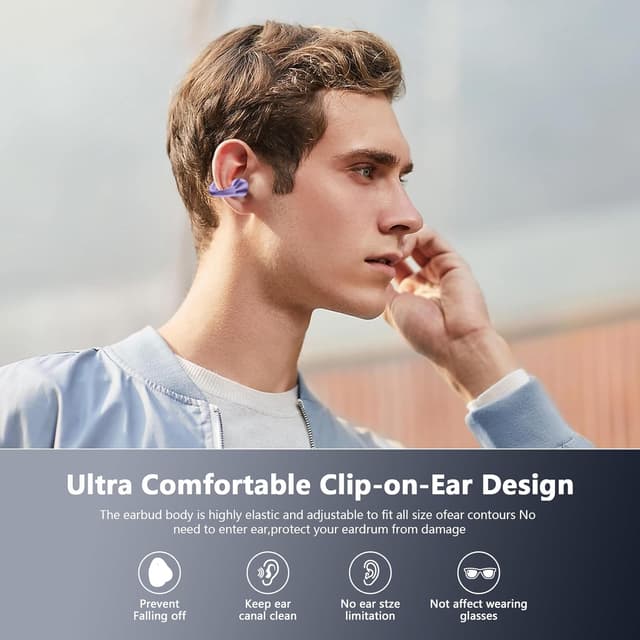 Detalle de dufiga Ultra Open Ear Bluetooth 5.3 Clip-On Earbuds (Purple) with Digital Display Charging Case