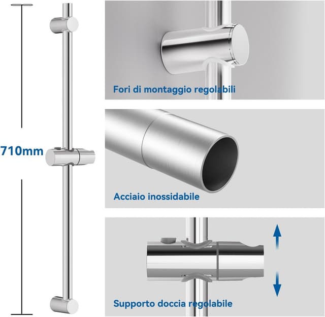 Detalle de AuraLum Asta doccia 70 cm con saliscendi in acciaio inox e supporto soffione regolabile