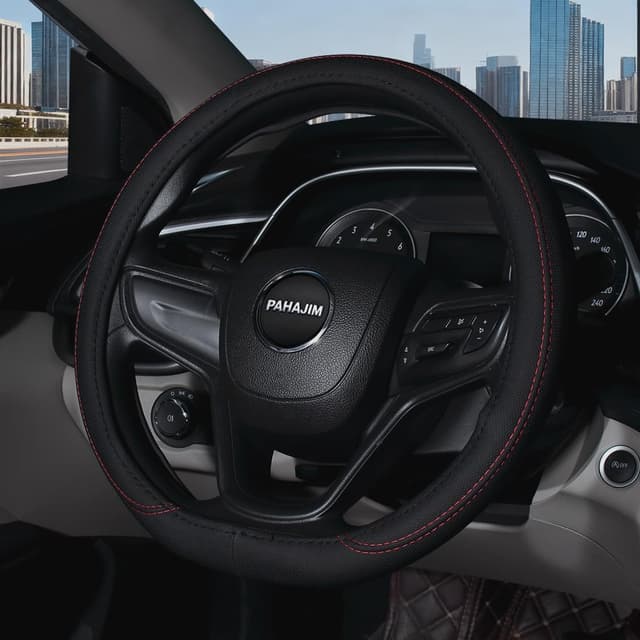 Detalle de Lifetooler steering wheel covers (ice silk / PU leather) universal 38cm fit – breathable anti-slip set of 2 (black)