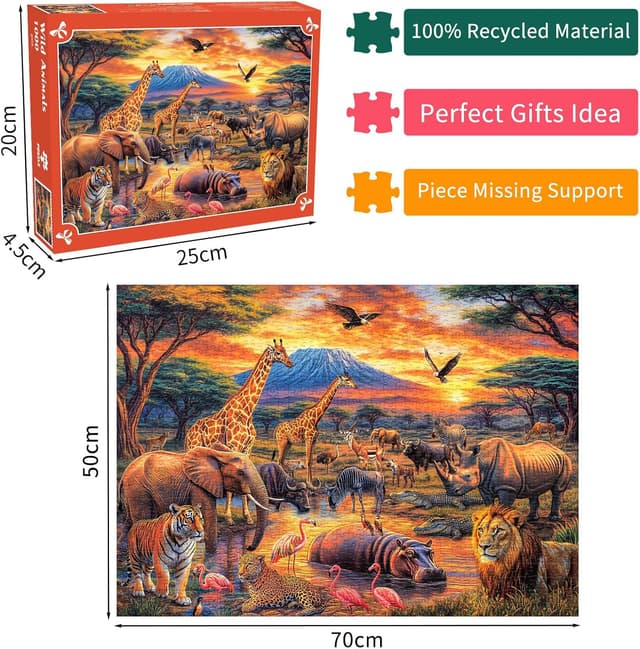 Detalle 2 de Wild Animals 1000-Piece Jigsaw Puzzle (Lion, Tiger & Elephant) for Adults
