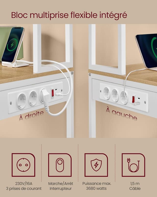 Detalle de VASAGLE étagère de cuisine avec LED et multiprise KKS050YA01 (40 x 80 x 168,4 cm) – doré chêne et blanc mat