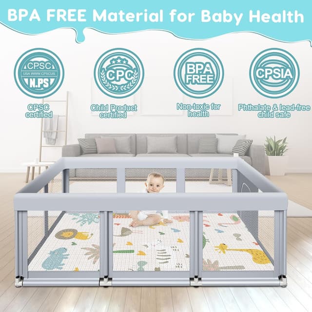 Detalle de Fshibila 74" × 50" Large Baby Playpen (Baby Playard) with Breathable Mesh, Anti-Fall Safety & Mat