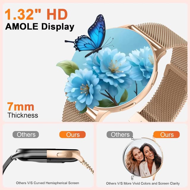 Detalle 2 de Montre Connectée Femme Jugeman 1,32" AMOLED avec appels Bluetooth, fréquence cardiaque & SpO2