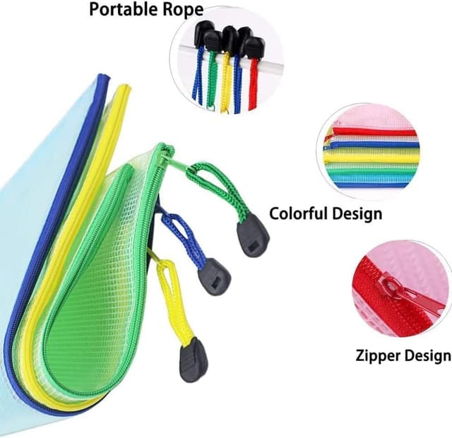 Detalle 2 de 10-Pack A4 Plastic Zip Wallets with Mesh & Zipper – Ziplock Envelopes for Documents, A4 Paper & Small Items