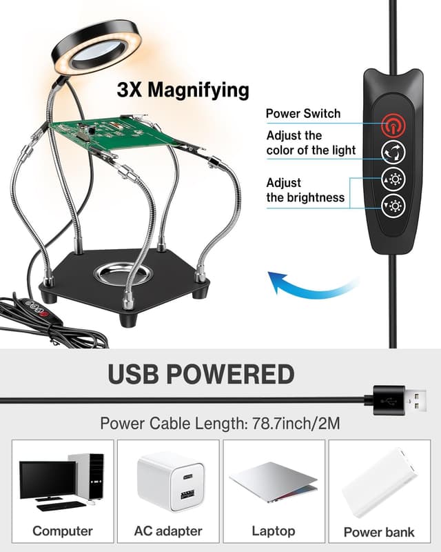 Detalle de Lytool Troisième main à souder avec lampe loupe 3X LED à intensité variable et 4 bras support
