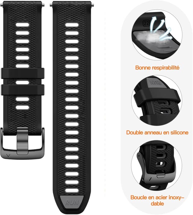 Detalle de Bracelet sport ANBEST 22 mm en silicone, compatible Garmin Forerunner 255 et vivoactive 4 / Venu 2, Galaxy Watch 3 45 mm, Gear S3 et Huawei GT 46