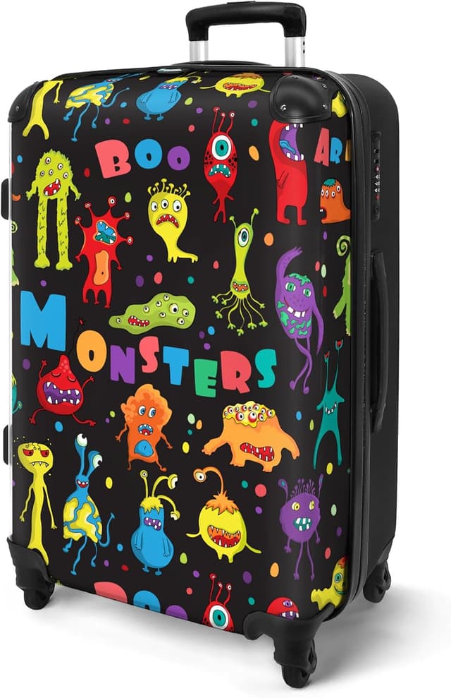 Detalle 2 de Valigia Bambini NoBoringSuitcases.com grande con serratura TSA, 67 cm e 72 L (Mostri - Nero)