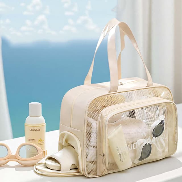 Detalle de TH commelK transparente Kulturtasche Damen/Groß mit Schuhfach – wasserdichter Zip-Beutel für Handgepäck & Reise