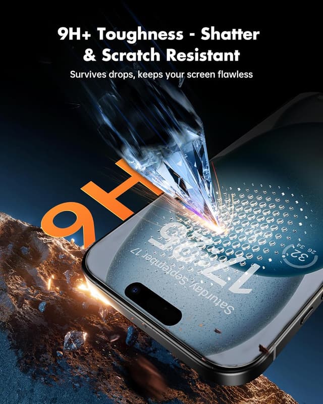 Detalle de UNBREAKcable Privacy Screen Protector for iPhone 15 (6.1-inch) – 2-Pack + 2 Lens Protectors with 25° Anti-Spy Tempered Glass