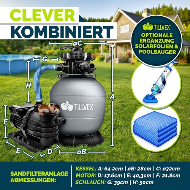Detalle 2 de tillvex Sandfilteranlage für Pool 10 m³/h inkl. 800 g Filterbälle, 7-Wege-Ventil & Druckanzeige (Ø32/38 mm)