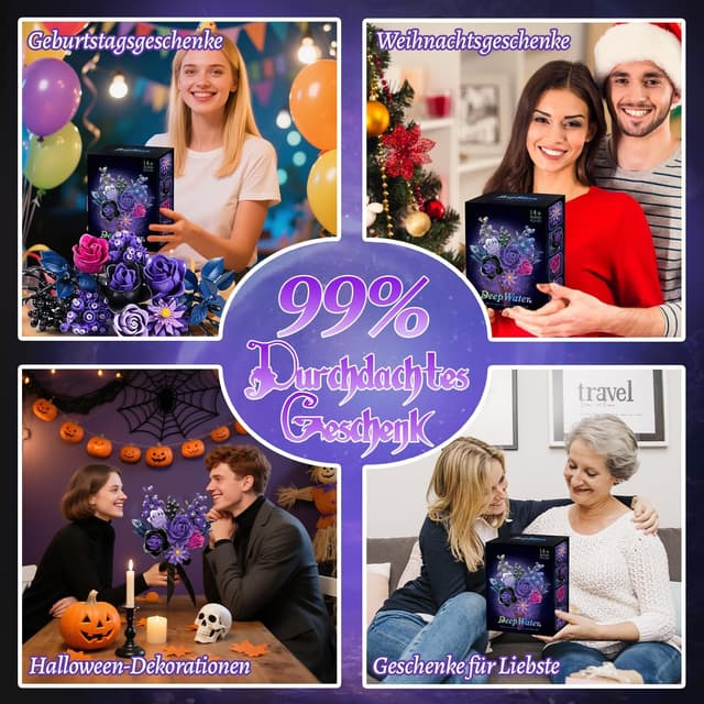 Detalle de PENGBU RC Lila Rosen Blumenstrauß Klemmbausteine – 822-Teile Blumen-Bauspielzeugset für Erwachsene