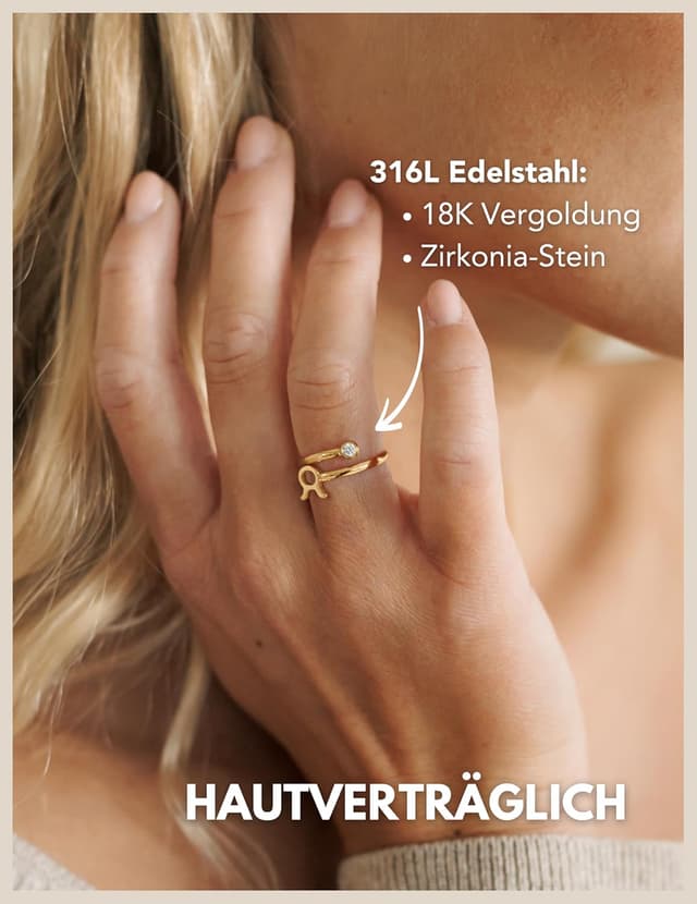 Detalle 2 de GD GOOD.designs Sternzeichen Ring Gold mit Zirkoniastein – 18K vergoldeter Edelstahlring (verstellbar, wasserfest)