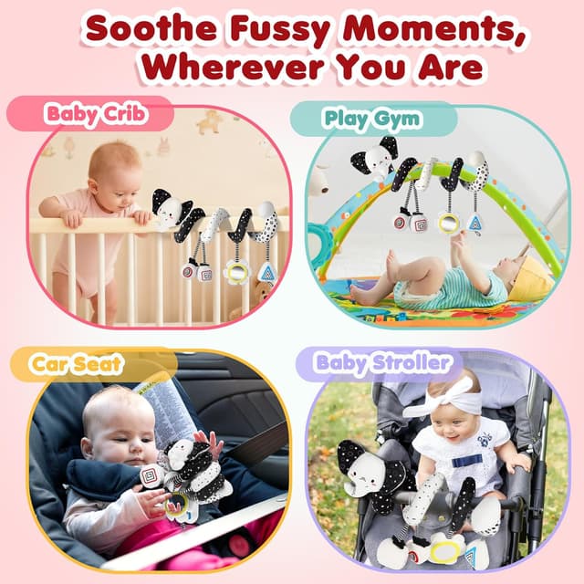 Detalle 2 de URMYWO Spiral Pram Toy for Newborns (0–12 Months) – Black & White High-Contrast Rattles with Giraffe & Hedgehog