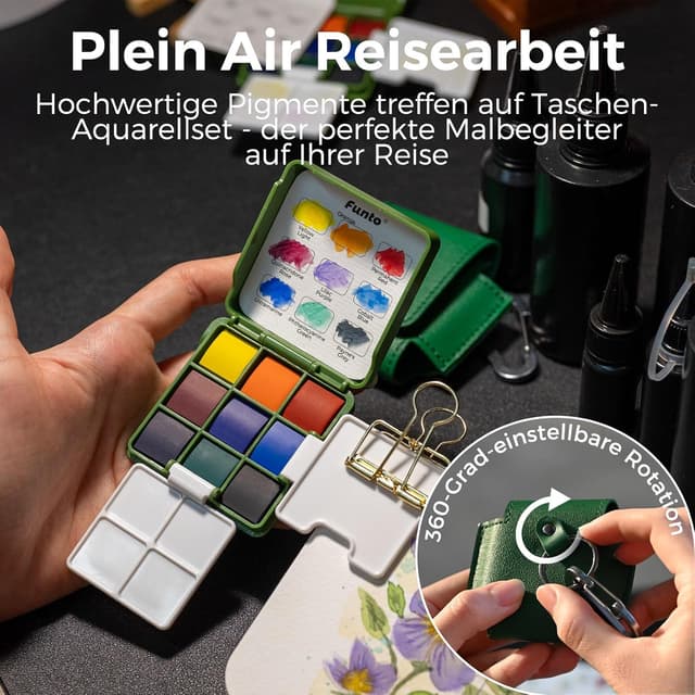 Detalle de Funto Faltbares Taschen-Wasserfarben-Set mit 2 Paletten und Lederhülle (9 Farben) – Reise-Skizzenkit