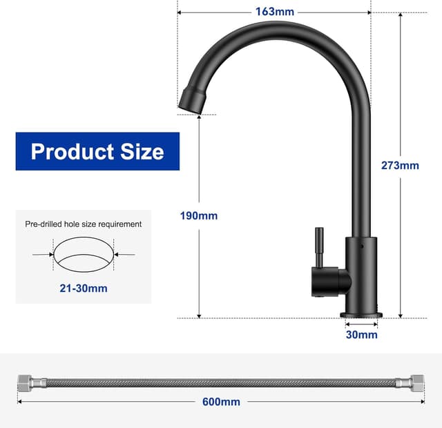 Detalle 2 de CECIPA Wasserhahn nur für Kaltwasser Schwarz inkl. 60 cm Anschlussschlauch (Edelstahl-Muttern 304)
