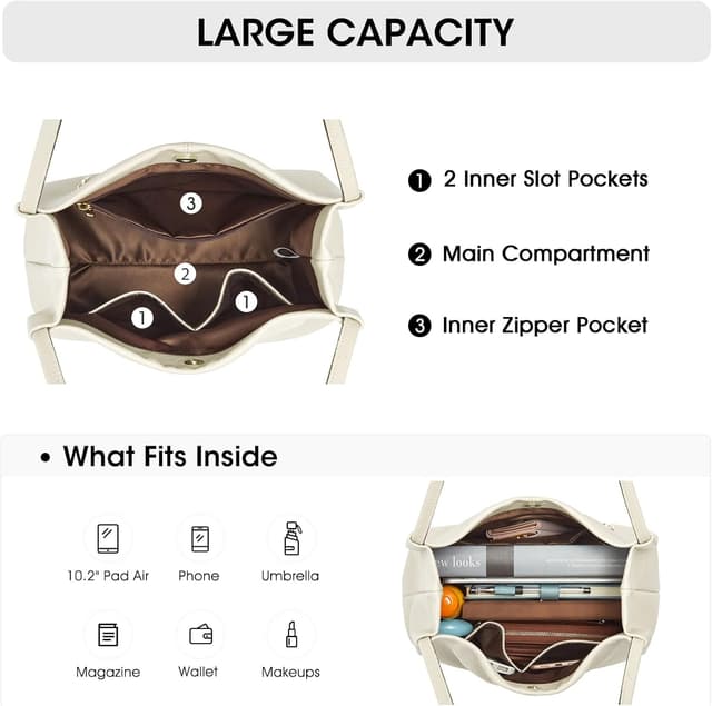 Detalle de Kattee Soft Genuine Leather Tote Hobo Shoulder Bag with Magnetic Snap (Medium)