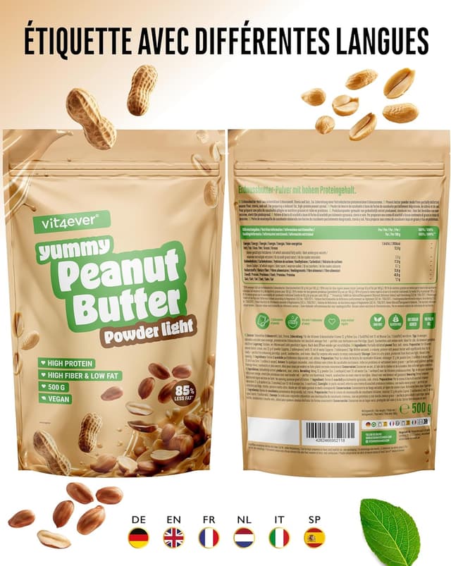 Detalle de Beurre de cacahuètes light en poudre Vit4ever (85%) 500 g, sans sucre ajouté