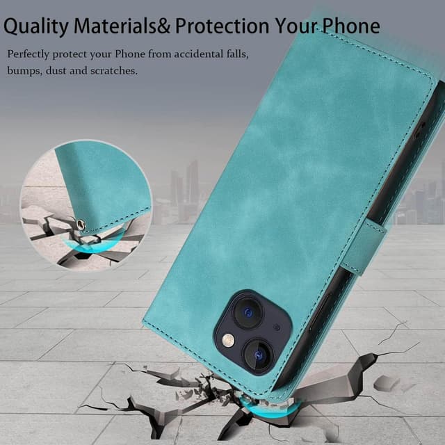 Detalle 2 de GOTOURED Handyhülle für iPhone 13 mit Klappfunktion, RFID-Blockierung, Kartenfächern, Magnetverschluss, Ständer & Handgelenksgurt (Grün)