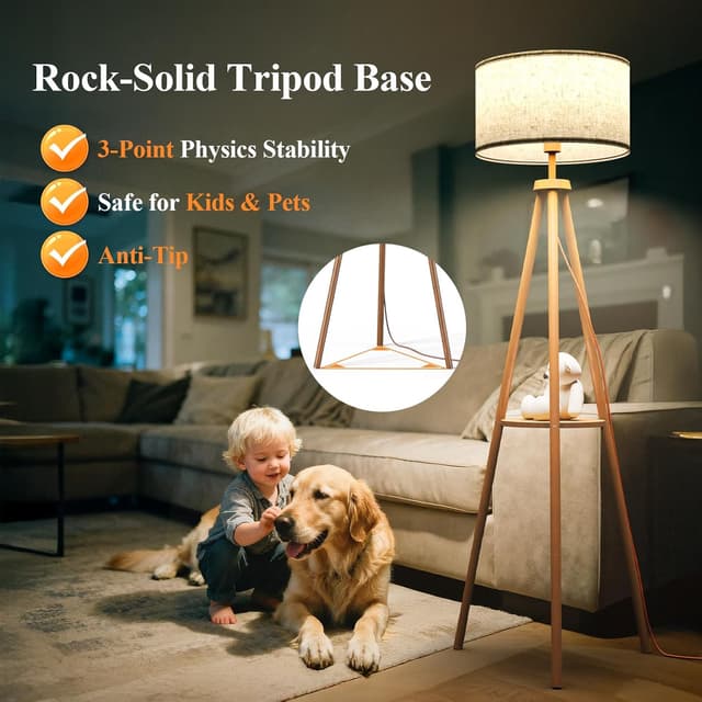 Detalle 2 de YICAIZI lampadaire trépied LED sur pied en bois avec étagères et télécommande (12 W)