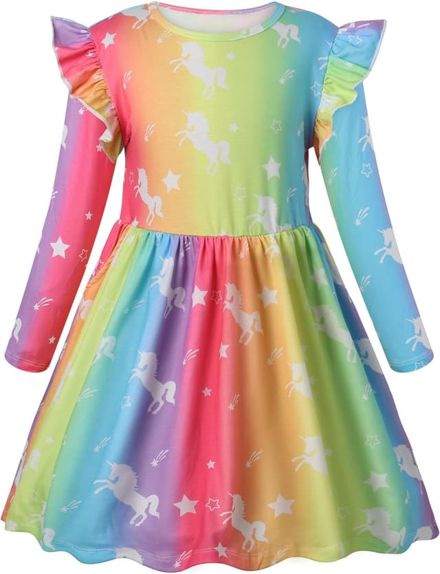 Detalle de Robe VASCHY pour fille en coton imprimé licorne, manches longues et longueur au genou (3-10 ans)