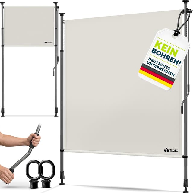 Detalle de tillvex® Klemmmarkise Senkrechtmarkise mit Handkurbel – Sichtschutz ohne Bohren (Beige, 120x310 cm)