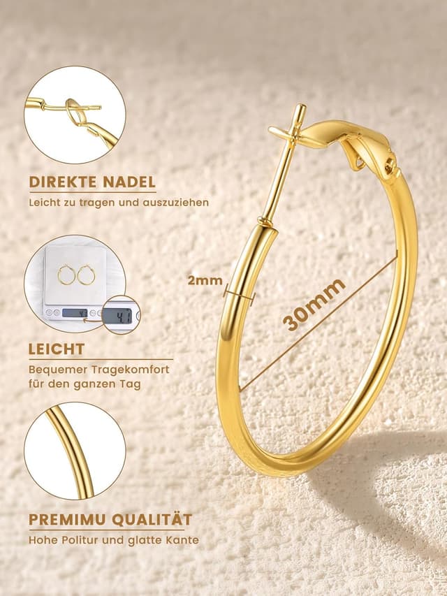 Detalle de GoldChic Creolen aus Edelstahl – Huggie Hoop Ohrringe in Silber, Schwarz oder Gold (30–100 mm)