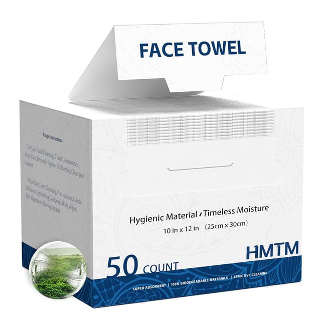 Detalle de HMTM Face Towels Disposable Towelettes (10x12 Inch, 50 Count) — Extra Thick & Soft for Makeup Removal & Cleansing