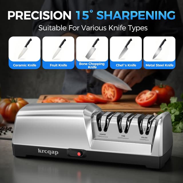 Detalle de Electric Knife Sharpener for Kitchen (3-Stage Diamond System) with 15° Precision Angle Guide