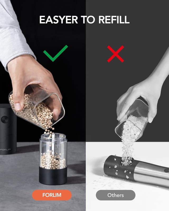 Detalle 2 de FORLIM Electric Salt and Pepper Grinder Set (USB Rechargeable) with Warm LED Light, Adjustable Coarseness, Automatic One-Button Control — 2 Packs