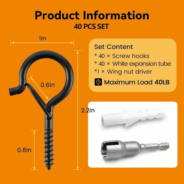 Detalle de TAIHUIMY Screw Hooks for Outdoor String Lights (Q-hanger) with safety buckle – 40 lbs