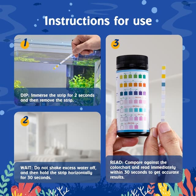 Detalle de Nobleza Aquarium Wassertest 7 in 1 – 100 Teststreifen für Süß- & Meerwasser (pH, NO2, NO3, GH, KH, Cl2 & Gesamtchlor)