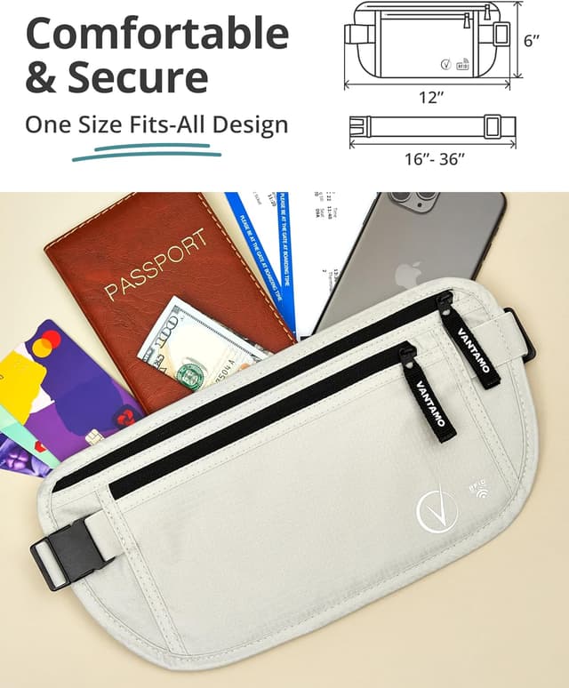 Detalle 2 de Vantamo Bauchtasche Damen/Herren ultraflach mit RFID-Schutz – 2 Fächer, verstellbarer Gurt, für Reisen & Lauf/Wandern