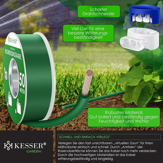 Detalle 2 de KESSER® Begrenzungskabel 50 m mit 12 Kabelverbindern – Universal für Mähroboter & Rasenmäher
