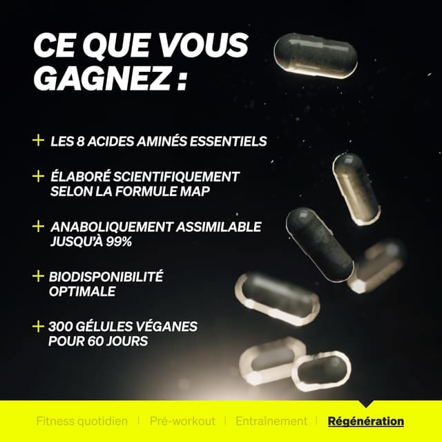 Detalle de EAA gélules hautement dosées – 300 gélules (8 acides aminés essentiels, végane)